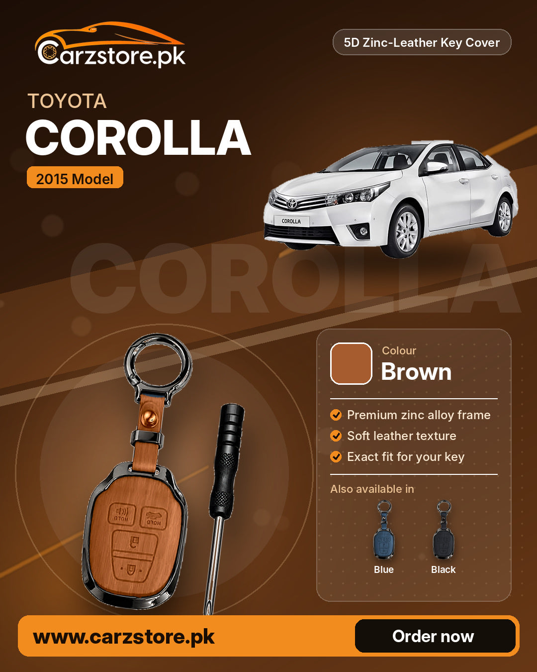 5D Zinc-Leather Key Cover for Toyota Corolla 2014-2017 (2015 Model) – Brown