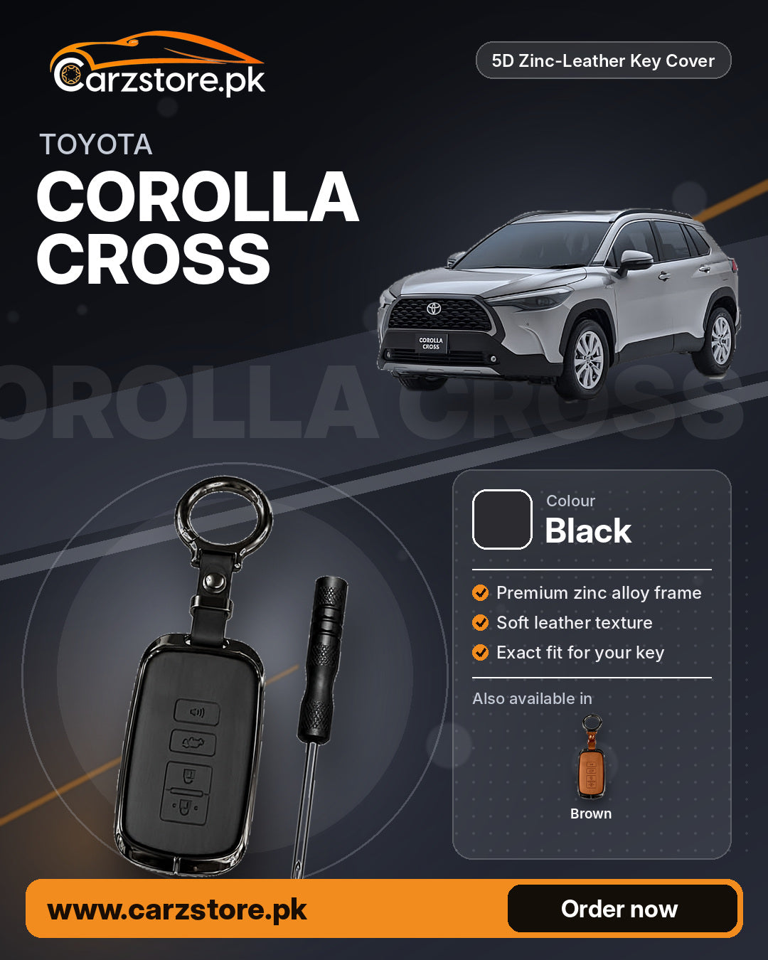 5D Zinc-Leather Key Cover for Toyota Corolla Cross – Black