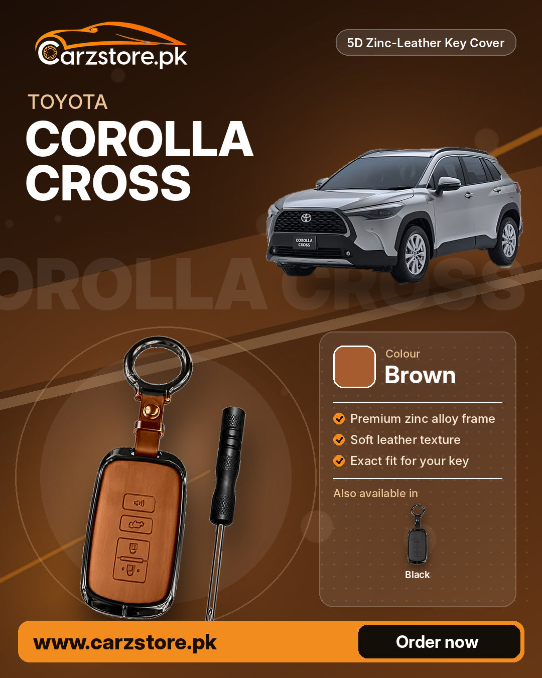 5D Zinc-Leather Key Cover for Toyota Corolla Cross – Brown