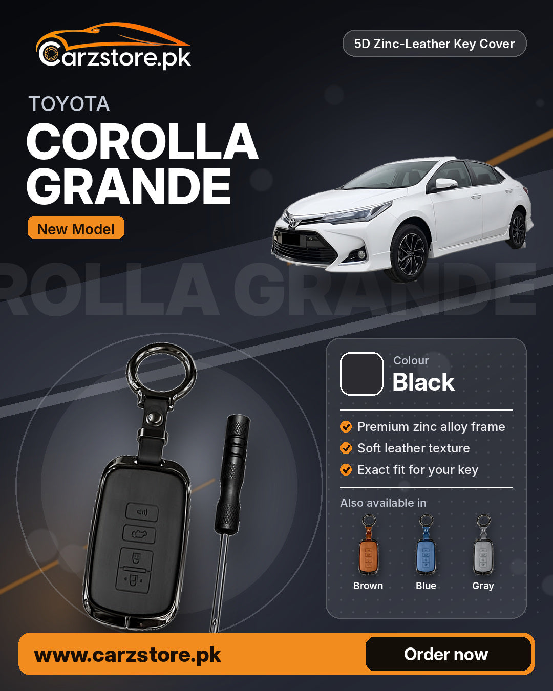 5D Zinc-Leather Key Cover for Toyota Corolla Grande 2021-2025 (New Model) – Black