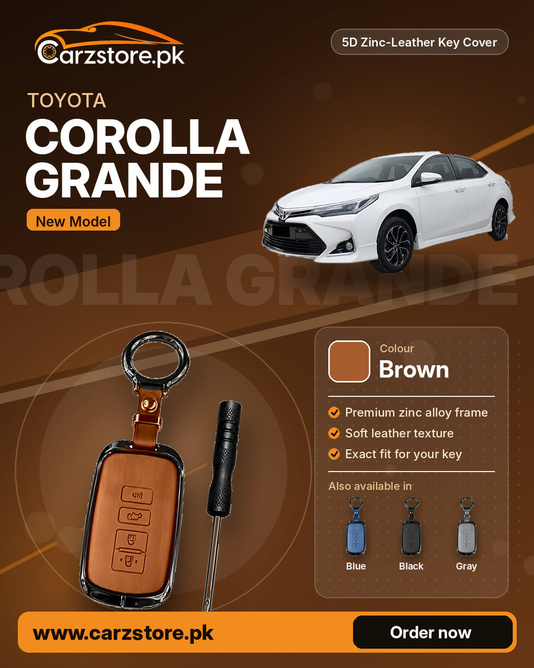 5D Zinc-Leather Key Cover for Toyota Corolla Grande 2021-2025 (New Model) – Brown