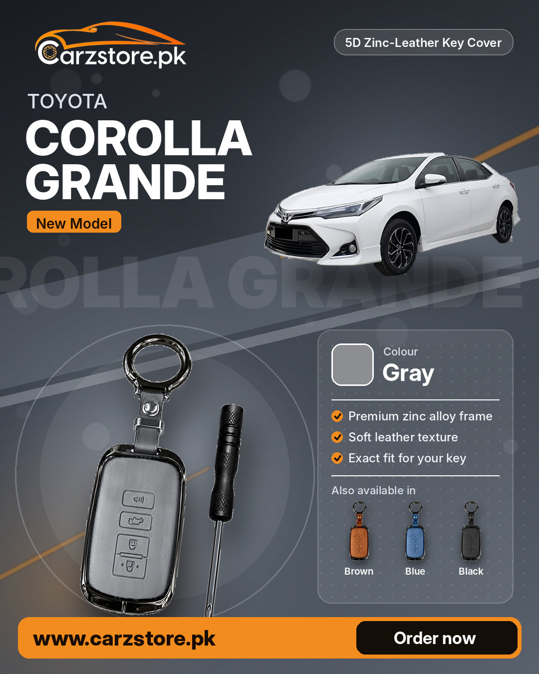 5D Zinc-Leather Key Cover for Toyota Corolla Grande 2021-2025 (New Model) – Gray