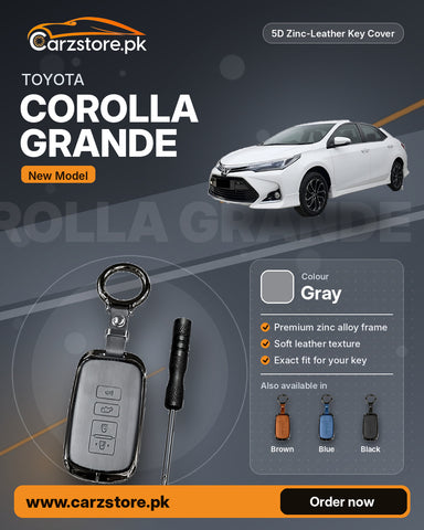 5D Zinc-Leather Key Cover for Toyota Corolla Grande 2021-2025 (New Model) – Gray
