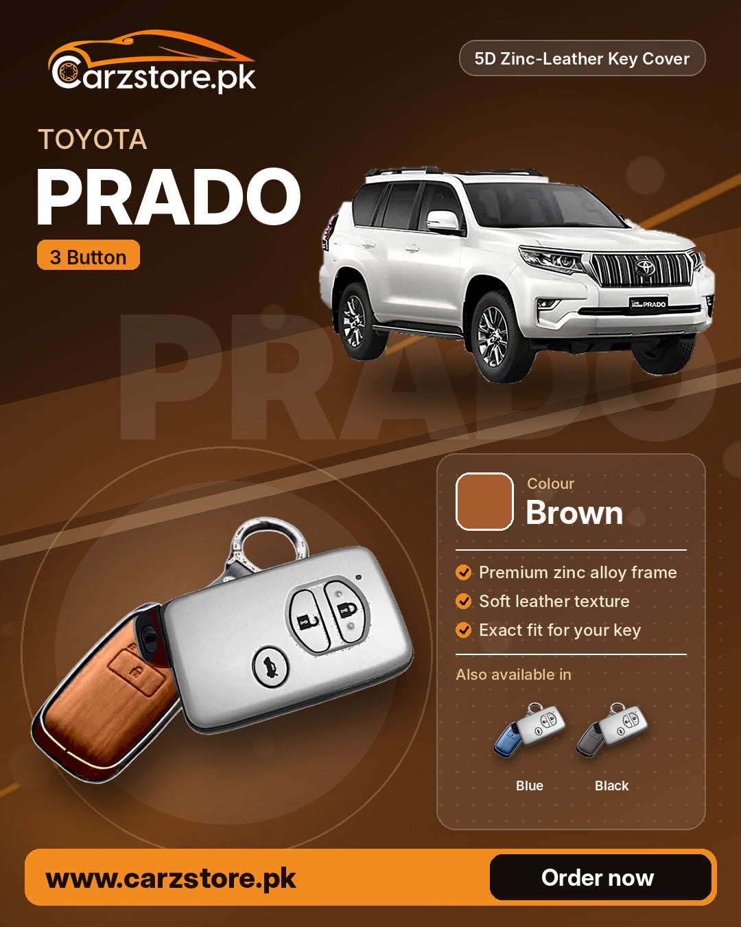 5D Zinc-Leather Key Cover for Toyota Prado (3 Button) – Brown