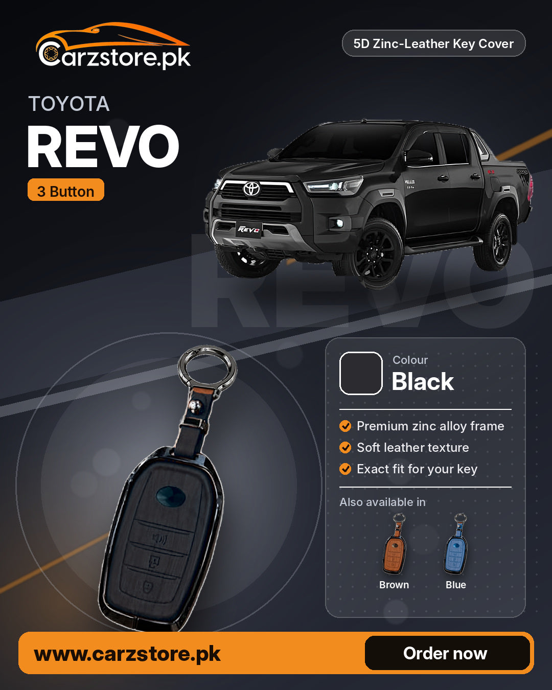 5D Zinc-Leather Key Cover for Toyota Hilux Revo (3 Button) – Black