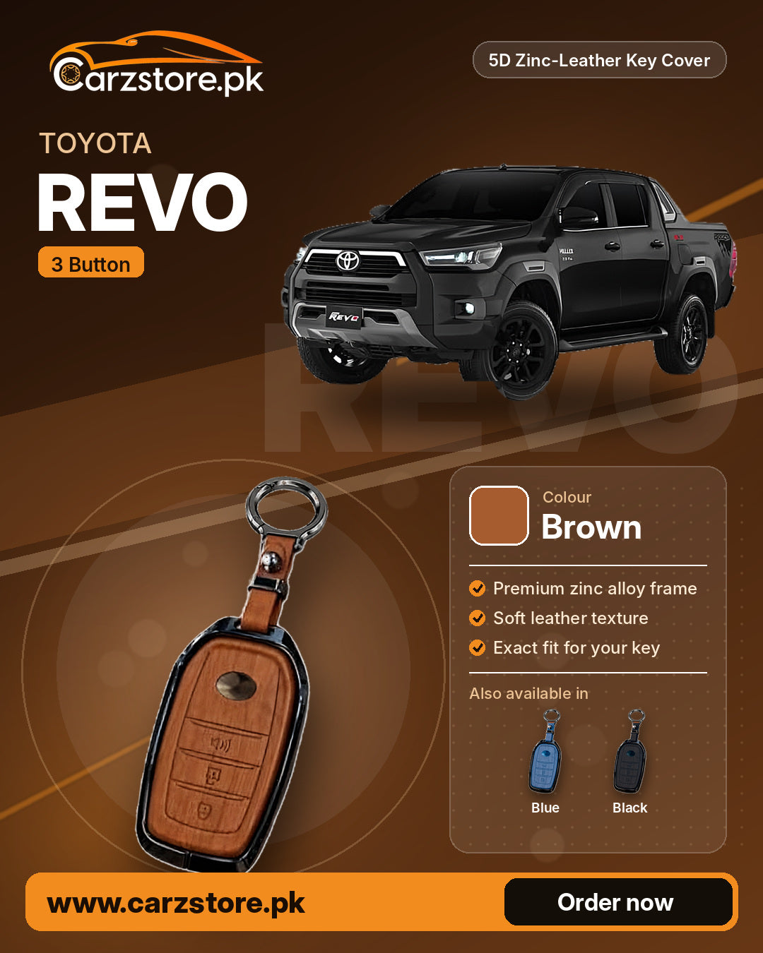 5D Zinc-Leather Key Cover for Toyota Hilux Revo (3 Button) – Brown