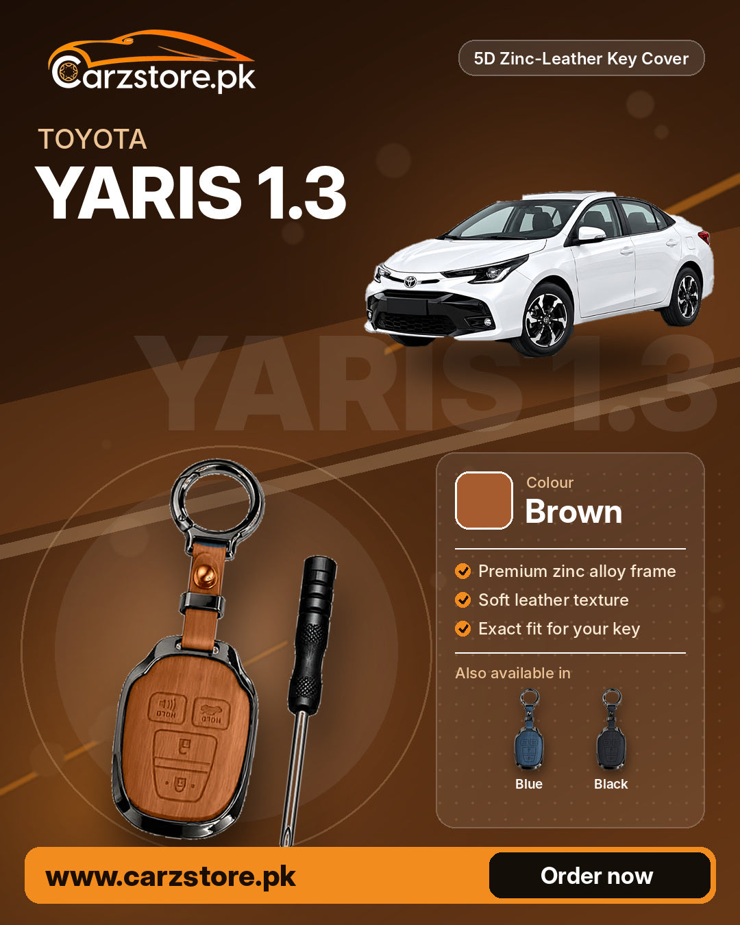 5D Zinc-Leather Key Cover for Toyota Yaris 1.3 2020-2025 – Brown