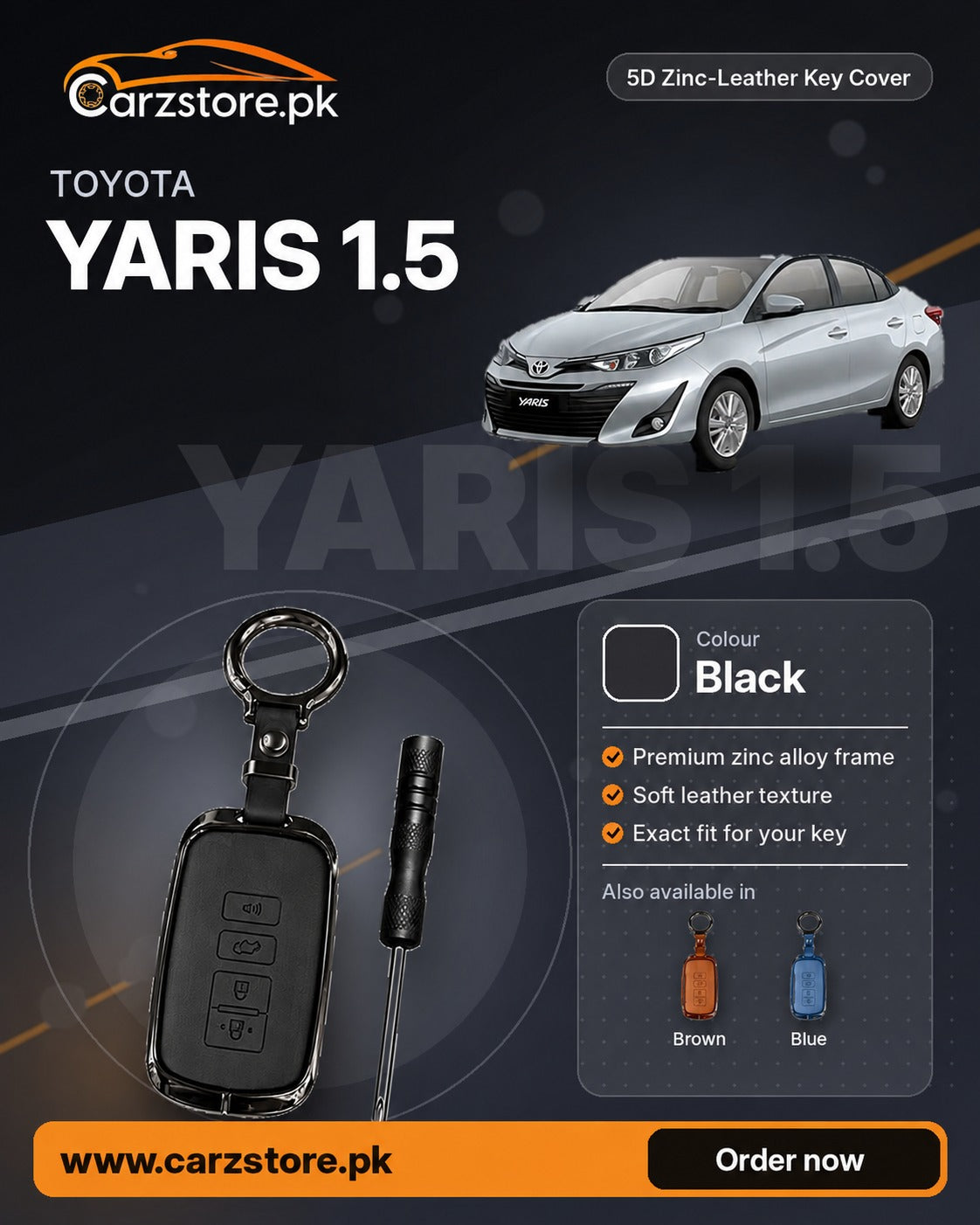 5D Zinc-Leather Key Cover for Toyota Yaris 1.5 2020-2025 – Black