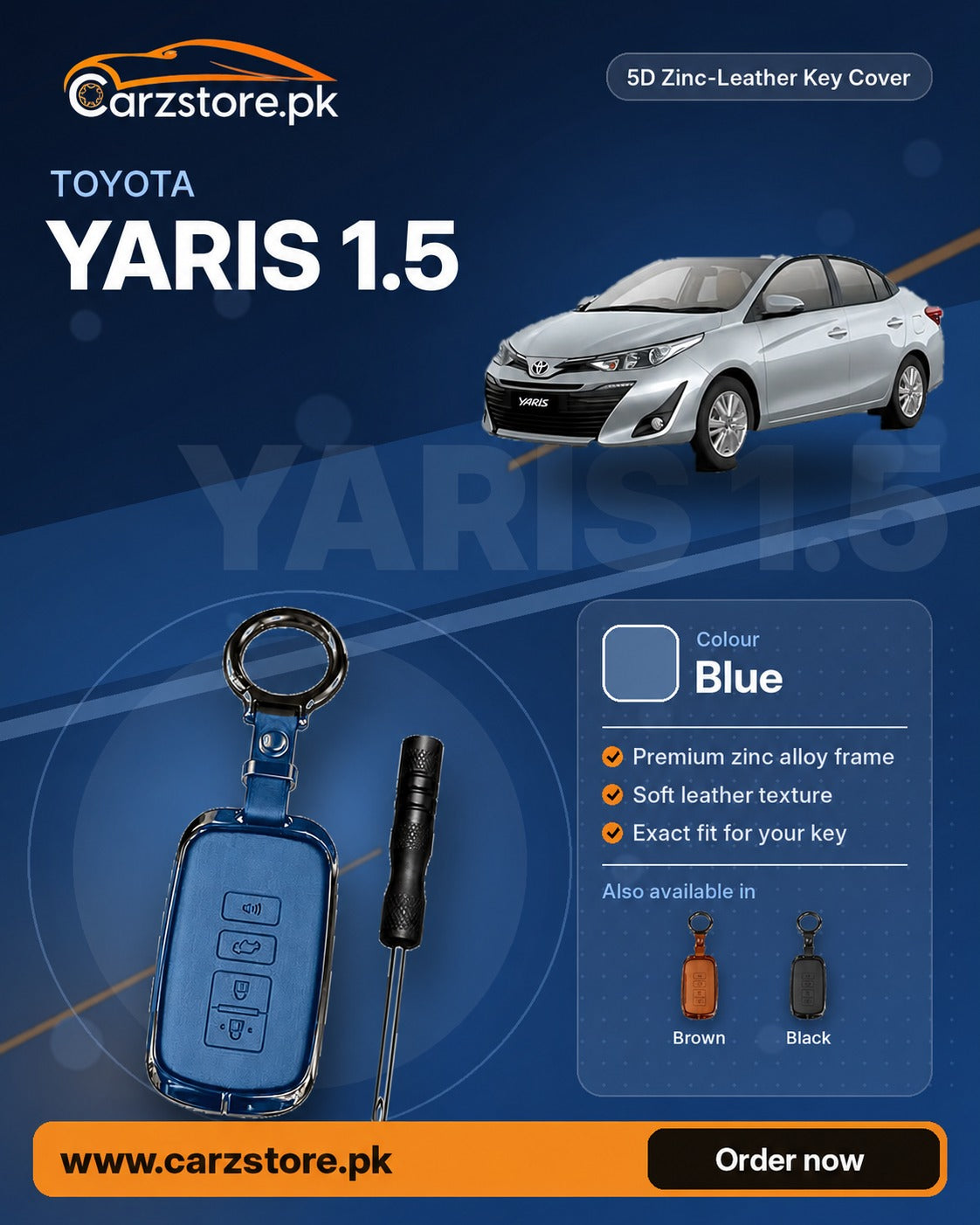 5D Zinc-Leather Key Cover for Toyota Yaris 1.5 2020-2025 – Blue