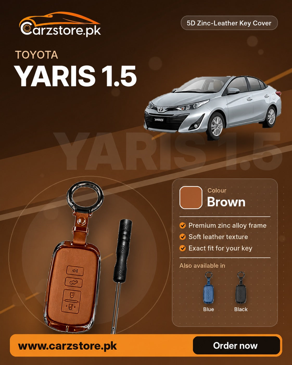5D Zinc-Leather Key Cover for Toyota Yaris 1.5 2020-2025 – Brown