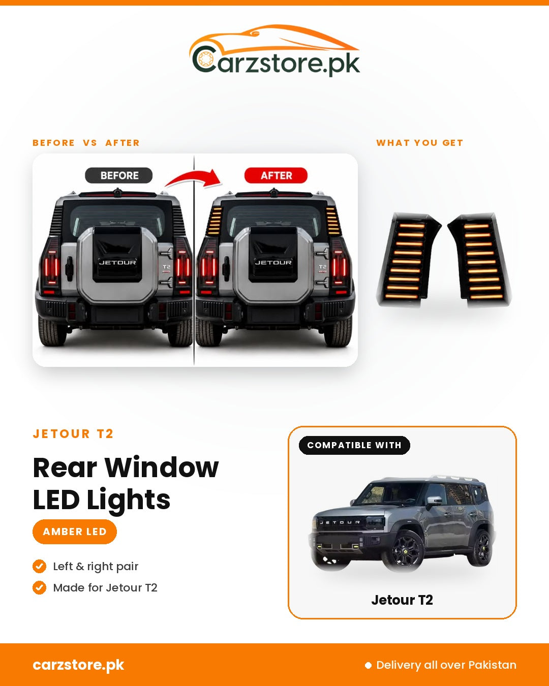 Jetour T2 rear window amber LED lights – before and after, left and right pair