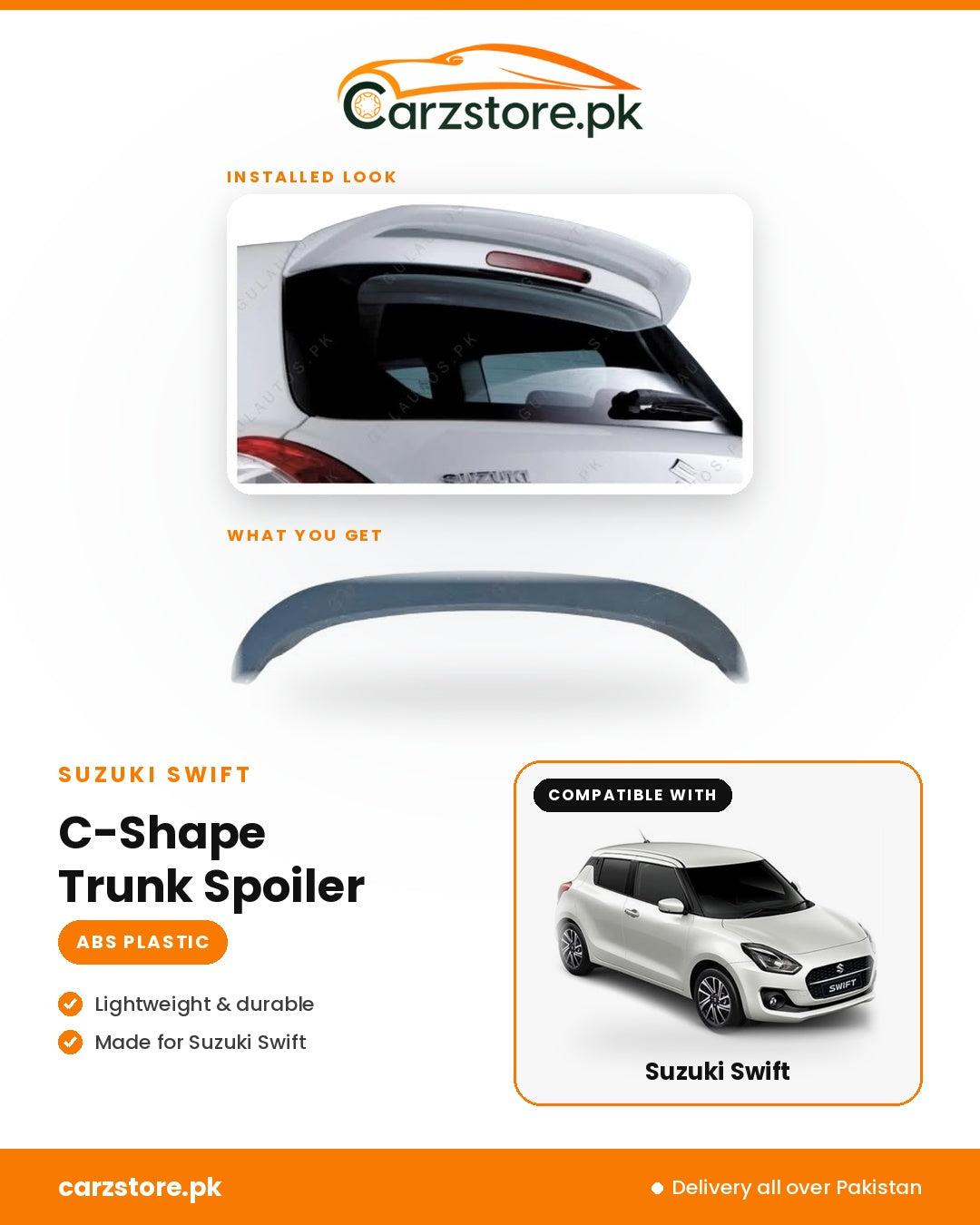 Suzuki Swift C-Shape trunk spoiler in ABS plastic, rear installed look