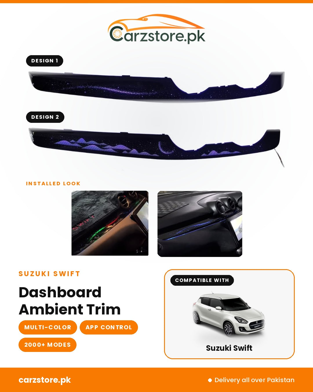 Suzuki Swift RGB ambient dashboard trim with Galaxy and Mountain designs, app controlled