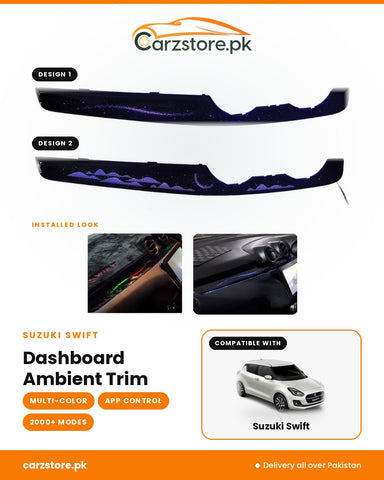 Suzuki Swift RGB ambient dashboard trim with Galaxy and Mountain designs, app controlled