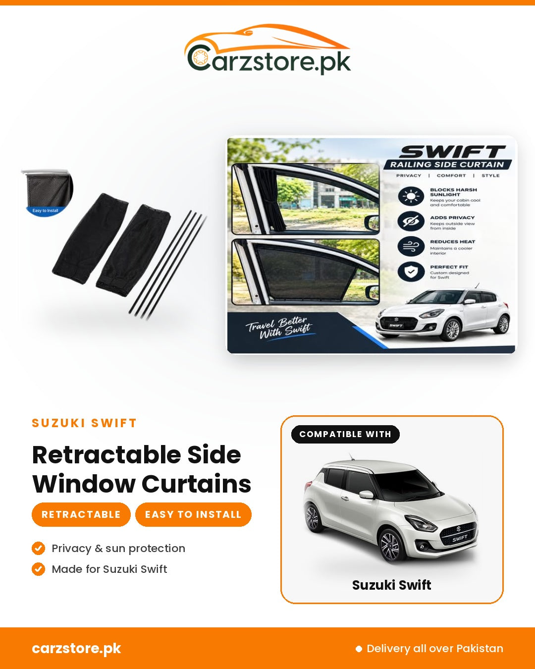 Suzuki Swift retractable railing side window curtains for privacy and sun protection
