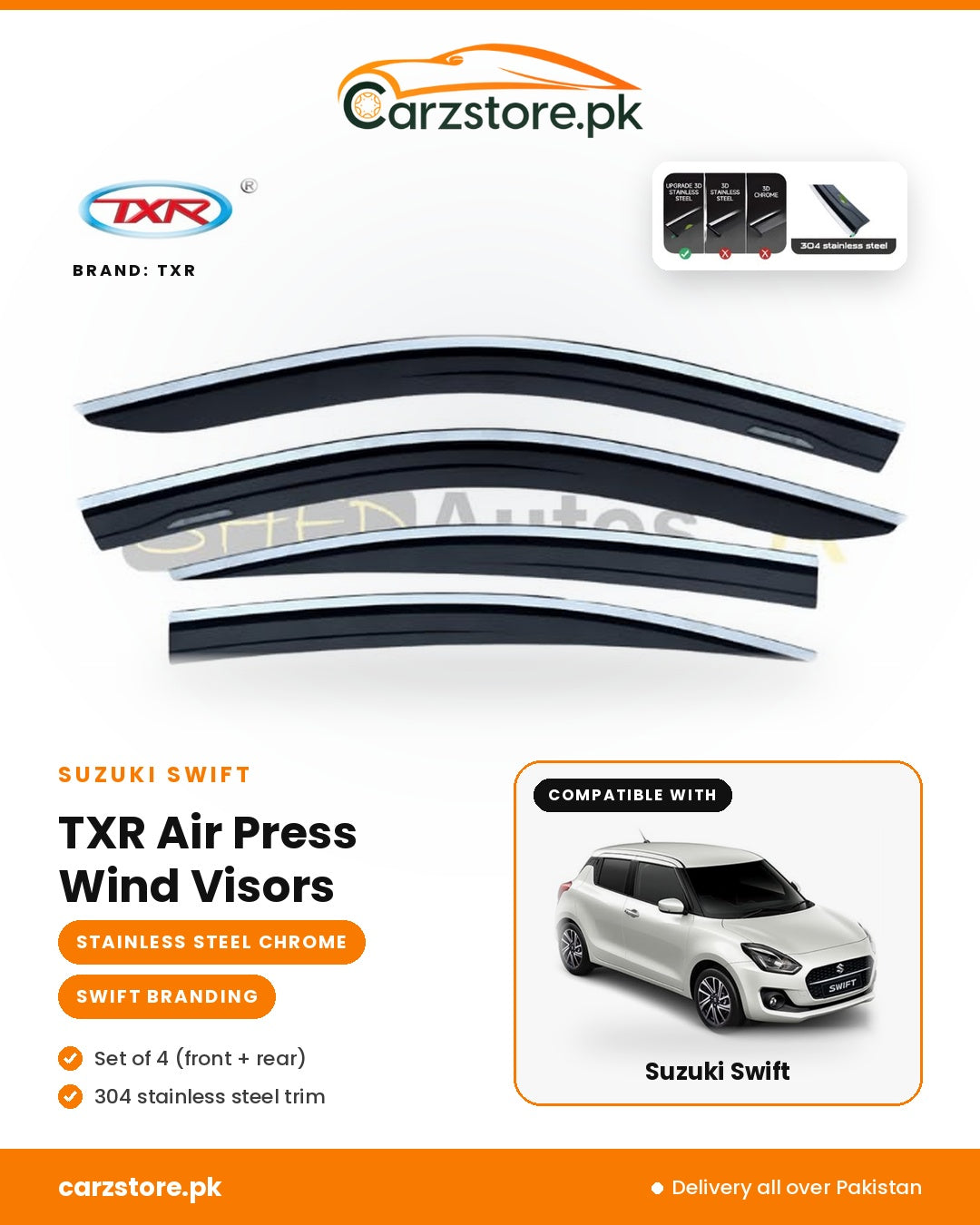 Suzuki Swift TXR Air Press window visors in 304 stainless steel chrome with Swift branding