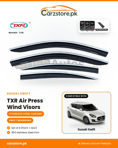 Suzuki Swift TXR Air Press window visors in 304 stainless steel chrome with Swift branding