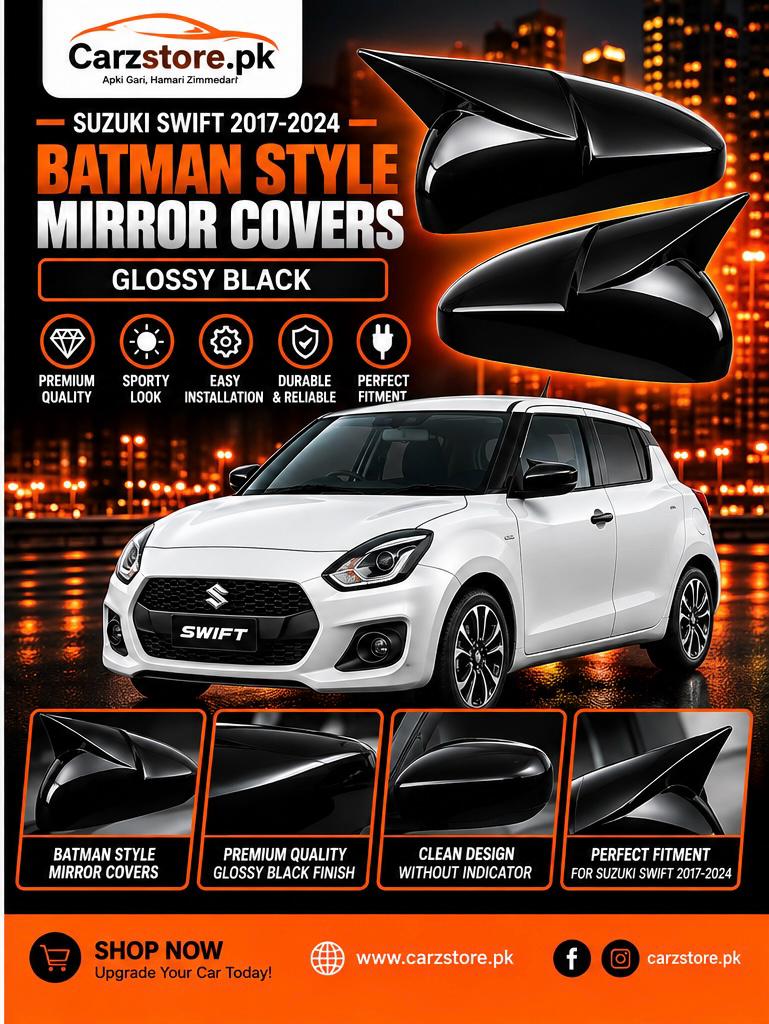 Suzuki Swift 2017–2024 Batman style side mirror covers – Glossy Black – Without Indicator
