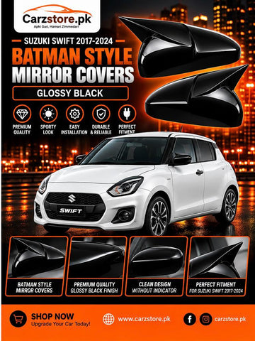 Suzuki Swift 2017–2024 Batman style side mirror covers – Glossy Black – Without Indicator