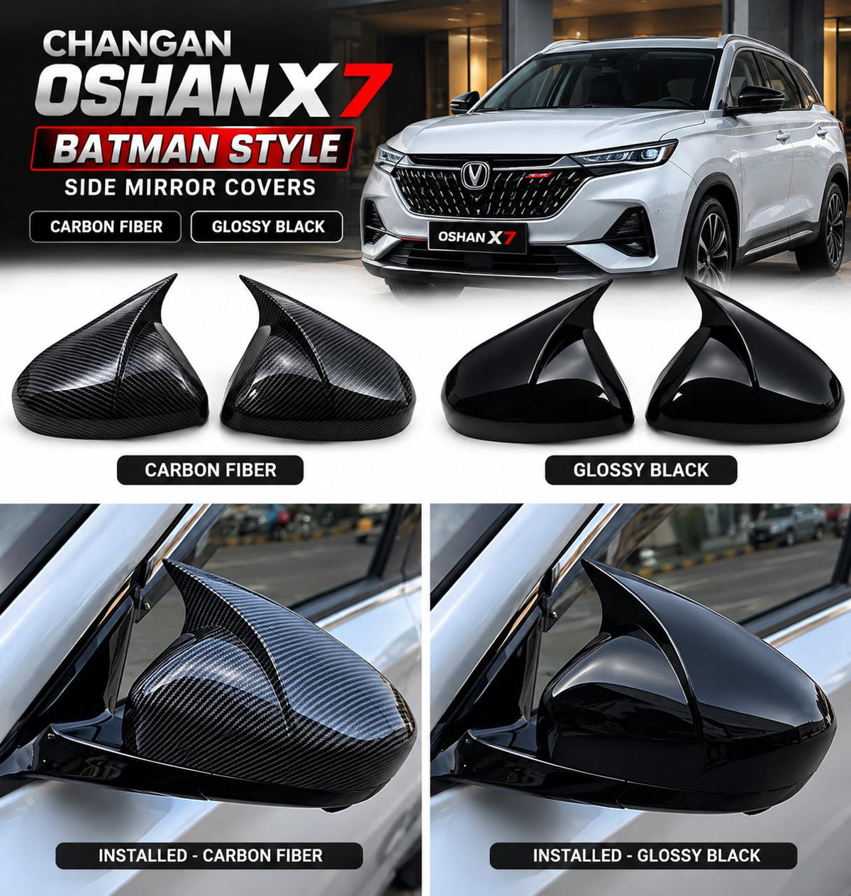 Changan Oshan X7 Batman style side mirror covers – Carbon Fiber