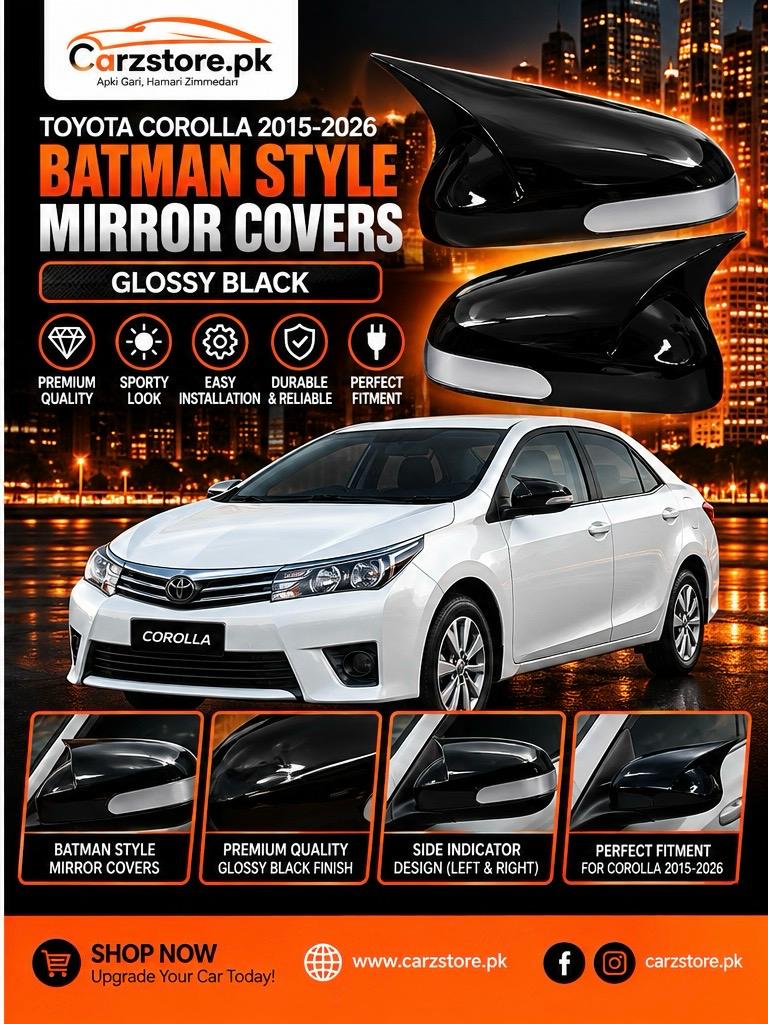 Toyota Corolla 2015–2025 Batman style side mirror covers – Glossy Black