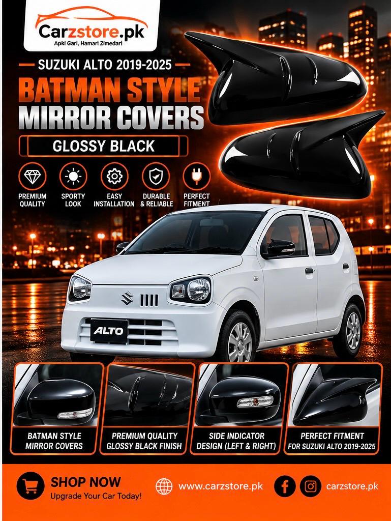 Suzuki Alto New 2019–2025 Batman style side mirror covers – Glossy Black – With Indicator