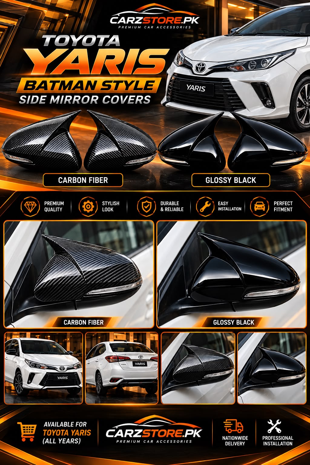 Toyota Yaris 2020–2025 Batman style side mirror covers – Glossy Black