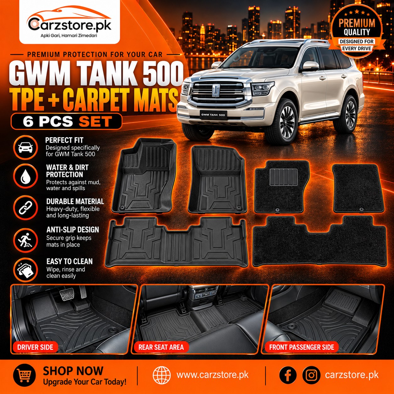 GWM Tank 500 TPE and carpet floor mats 6 pcs set